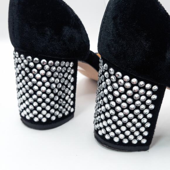 J.Crew Velvet Rhinestone Block Heel Ankle Strap Heels Black Size 5 Evening Chic - Picture 4 of 10